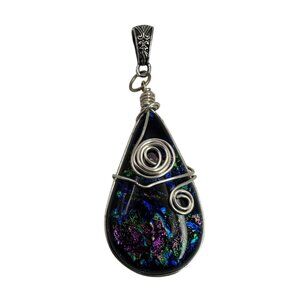 Handcrafted Dichroic Glass Pendant With Silver Wire Wrap